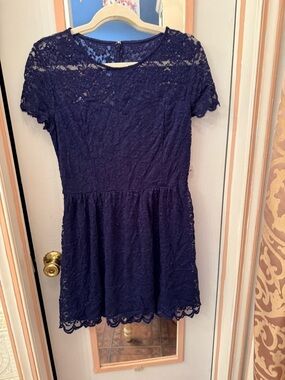 Express Navy Lace Short Sleeve Fit-and-Flare Dress